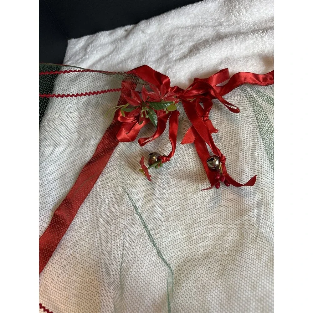 Christmas Apron Poinsettia And Jingle Bells Green Red Vtg MCM Retro Sheer Half